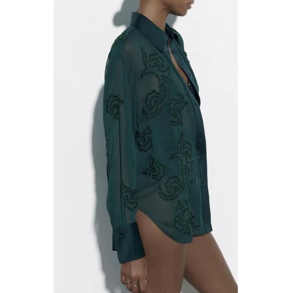 Zara Semi-Sheer Collared Button-Up Blouse Tonal Bead Applique Forest Green Small - Picture 7 of 14